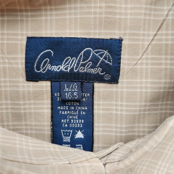 Arnold Palmer Plaid Shirt Men's Large 16.5 Long Sleeve Button Down Tan and White - Picture 2 of 10